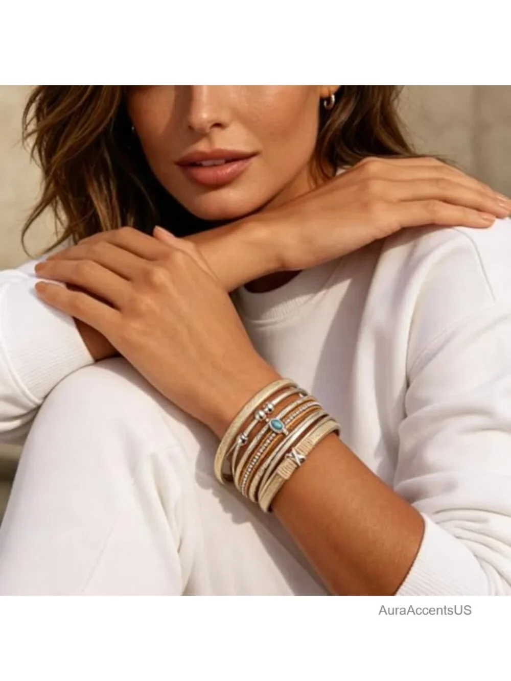 Leather Wrap Cuff Bracelet Layered Boho Rhinestone Jewelry